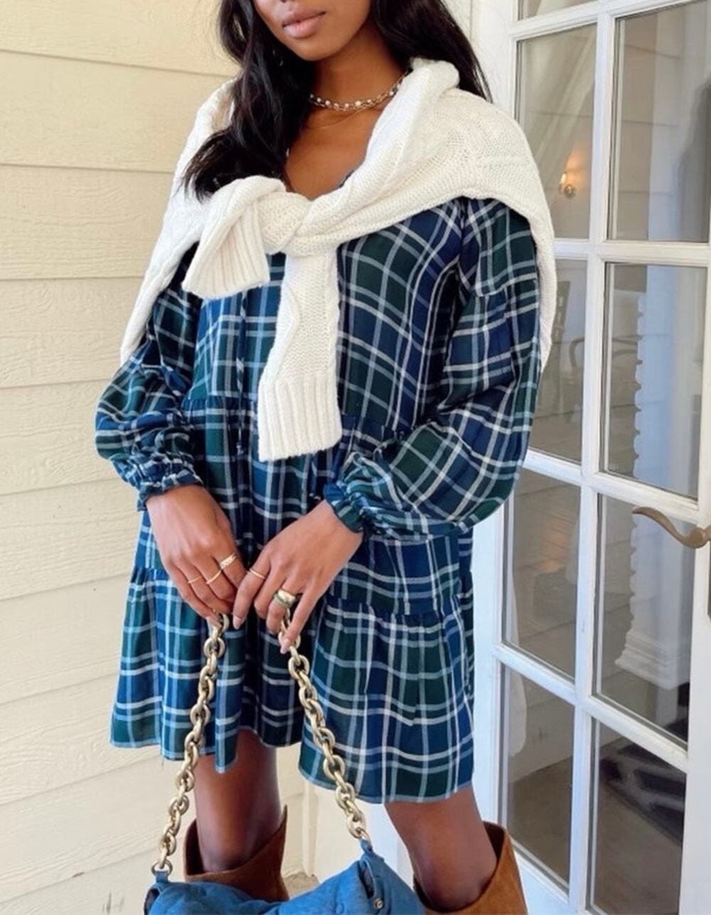 SHOW ME YOUR MUMU Ainsley Plaid Mini Dress Green Blue Small S
